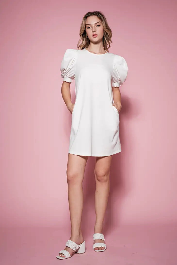 Balloon Short Sleeve Mini Dress In White
