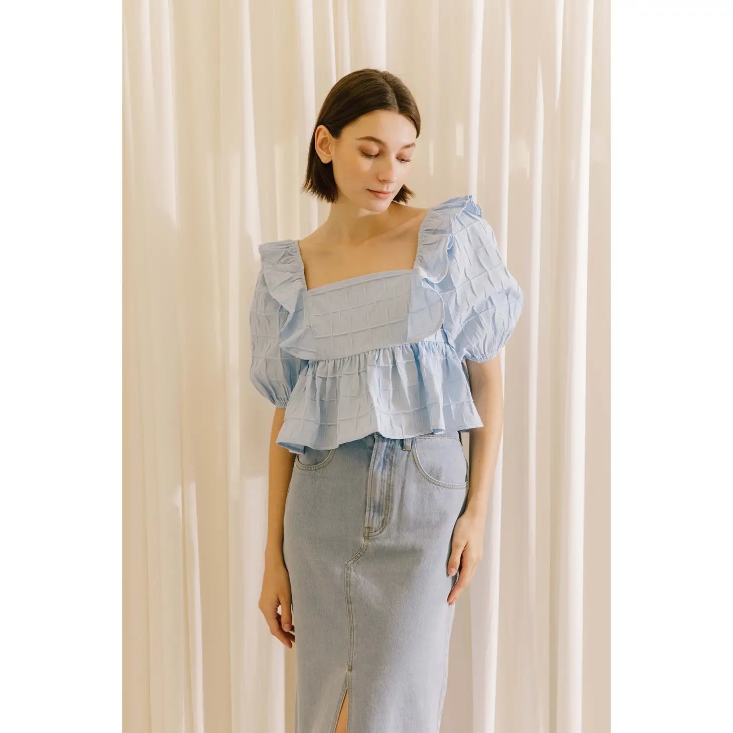 Baby Blue Textured Ruffled Baby Doll Top