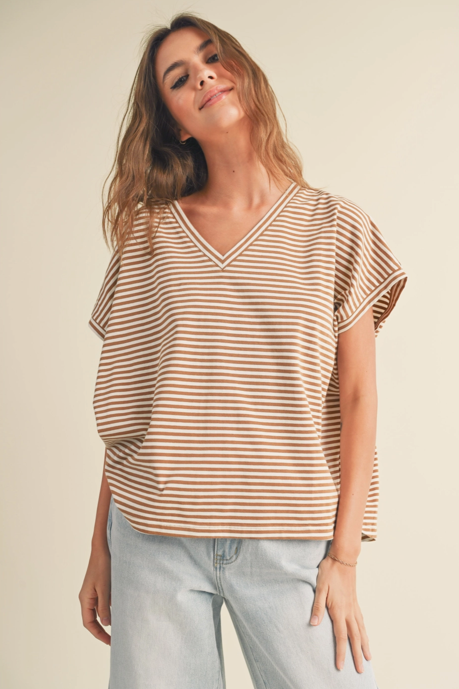 Brown & White Striped Boxy Short Sleeve Top
