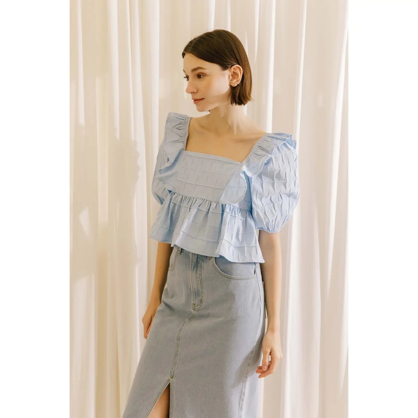 Baby Blue Textured Ruffled Baby Doll Top