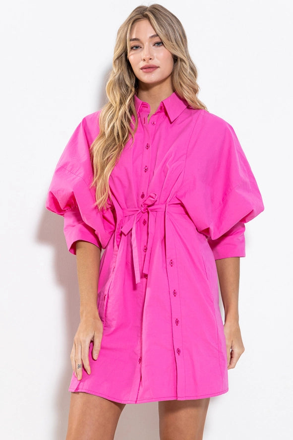 Button Detailed Balloon Sleeve Mini Dress In Pink