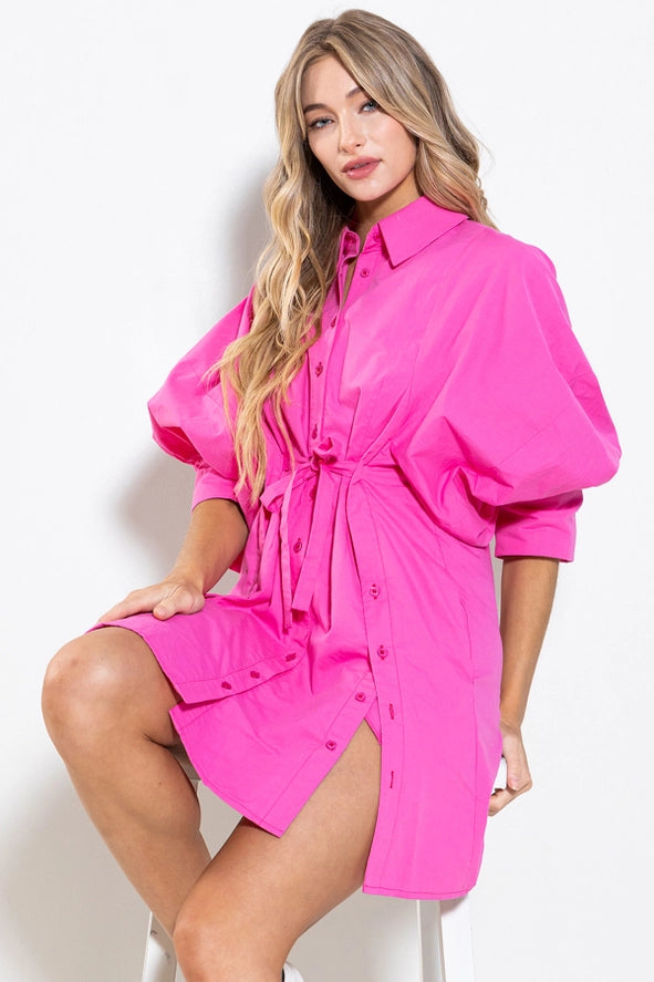 Button Detailed Balloon Sleeve Mini Dress In Pink