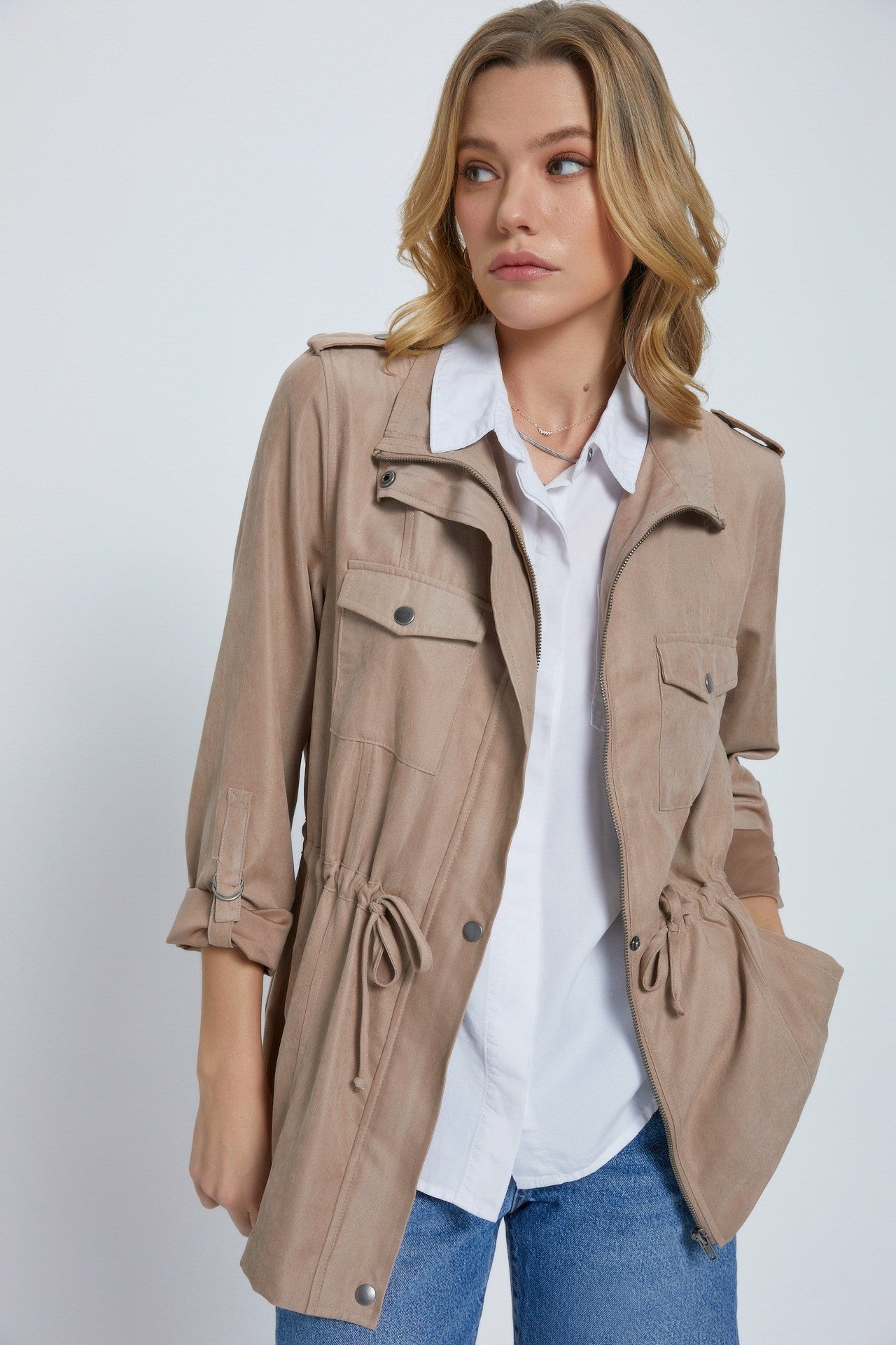 Peach Skin Utility Jacket In Taupe