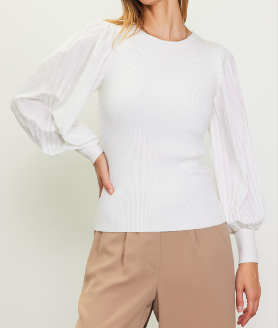White Pleated Sleeve Knit Top