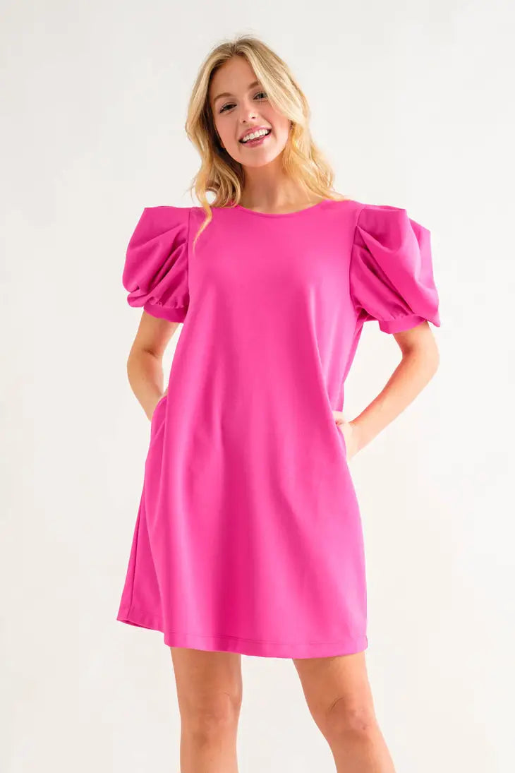 Balloon Short Sleeve Mini Dress In Pink