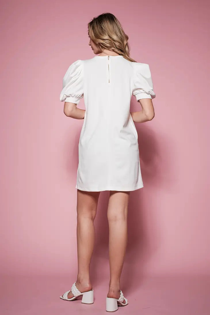 Balloon Short Sleeve Mini Dress In White