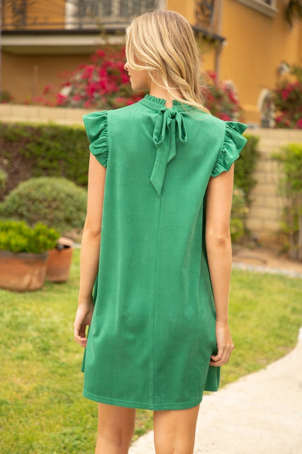 Suede Ruffle Sleeve Dress In Green