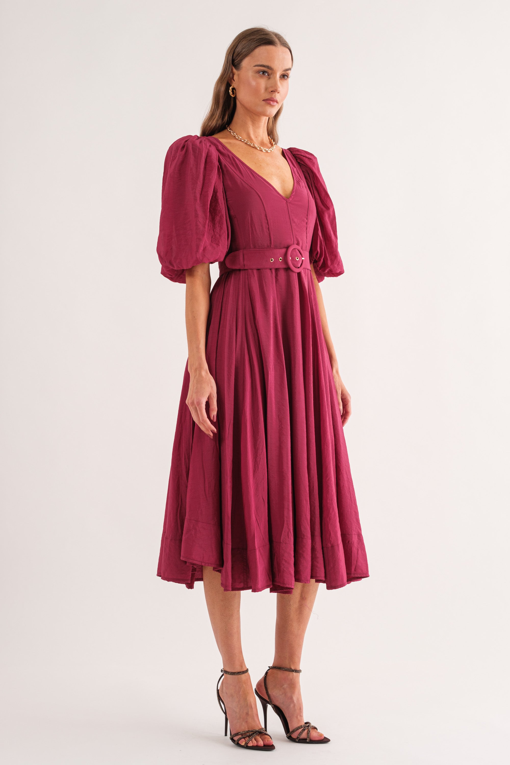 Midi Belted Puff Sleeve Dress In Cognac