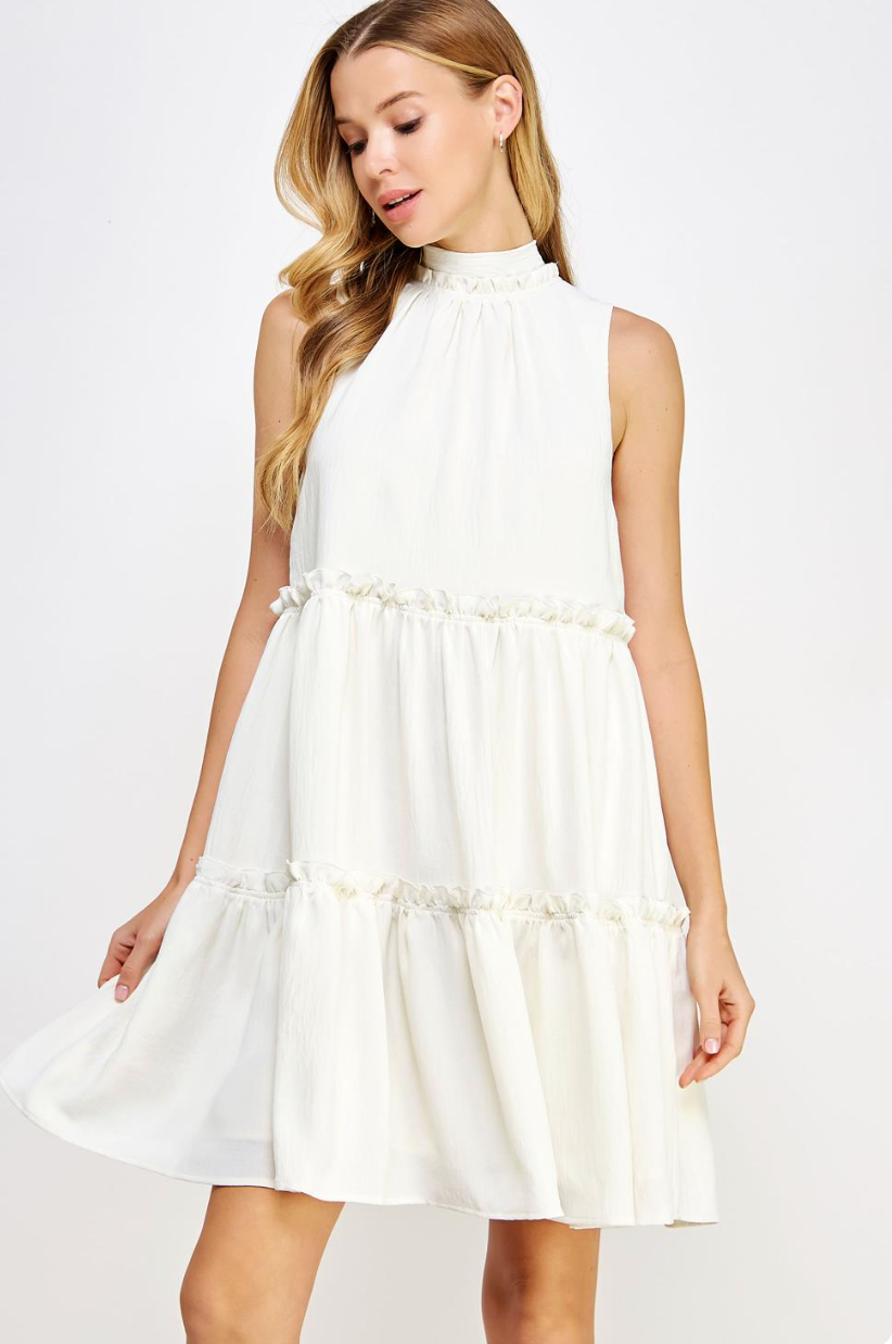 HIgh-neck Tiered Midi Dress In Ivory