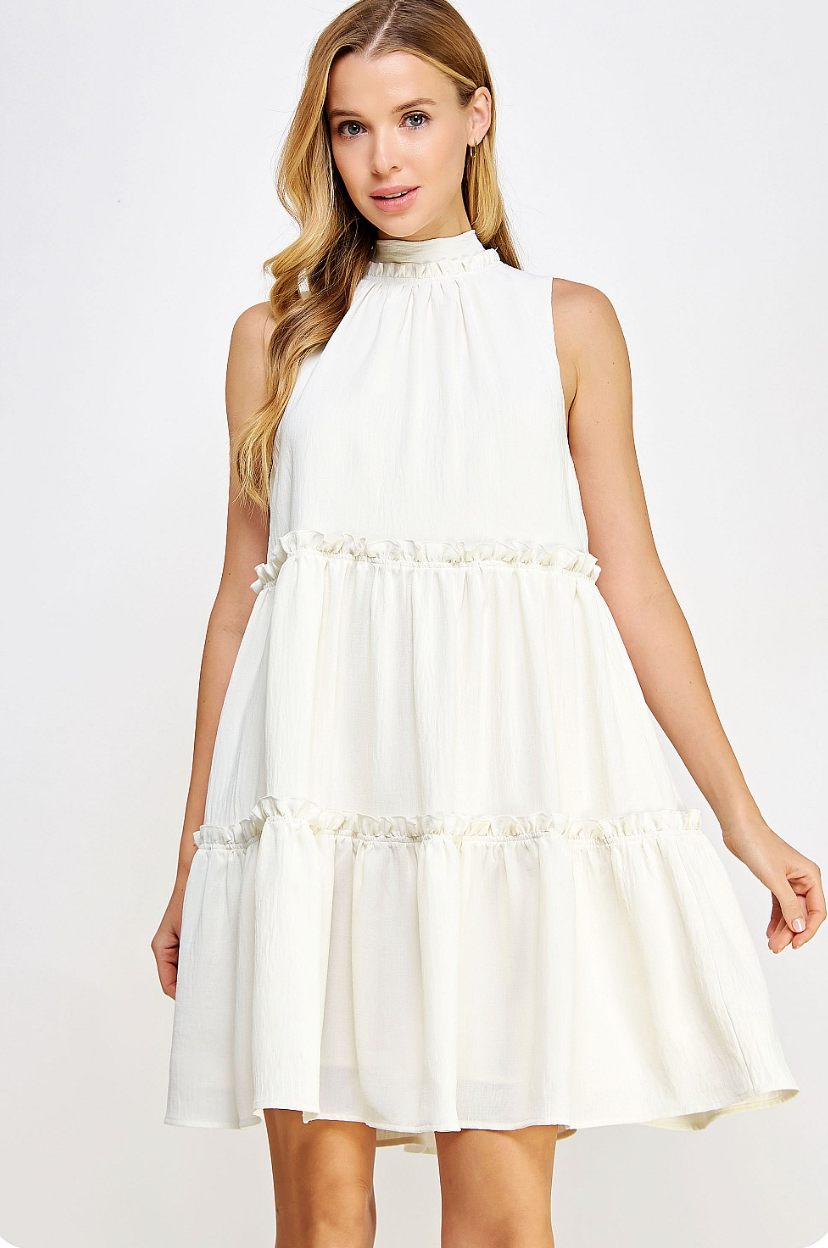 HIgh-neck Tiered Midi Dress In Ivory
