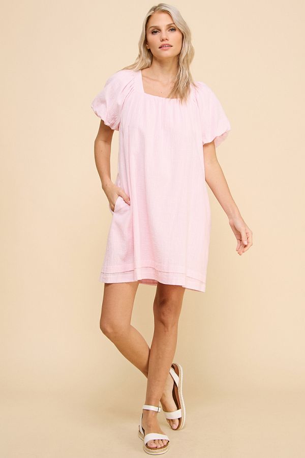 Pink Linen Puff Sleeve Dress