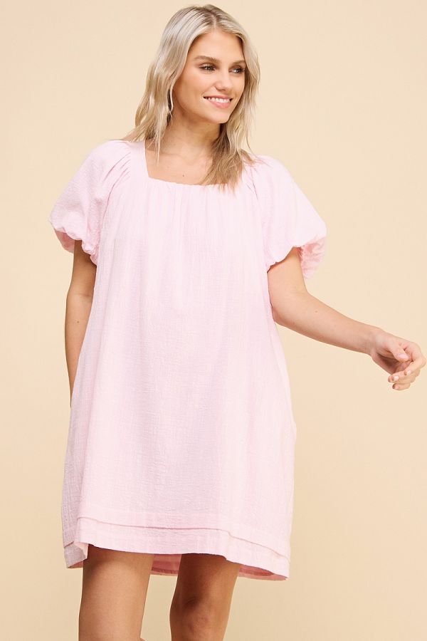 Pink Linen Puff Sleeve Dress