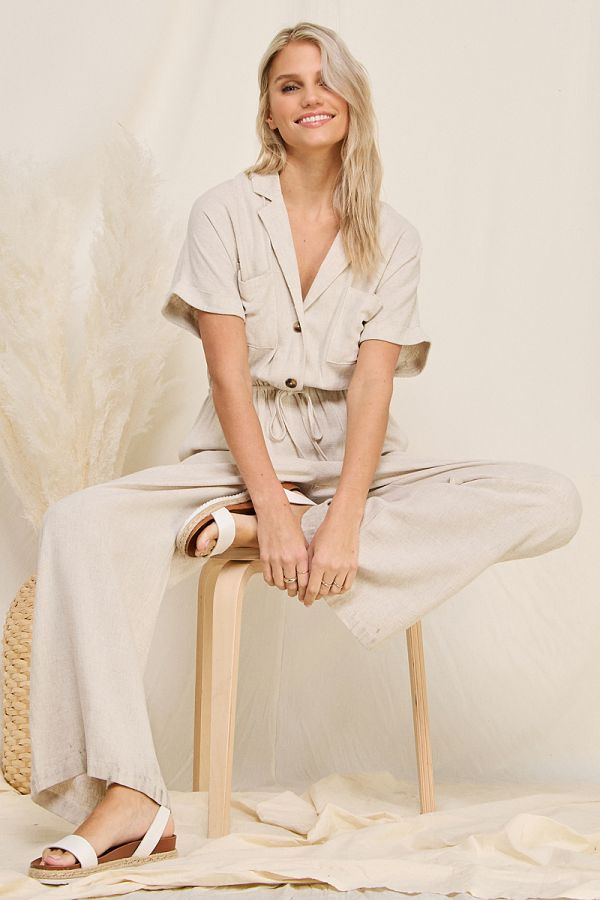 Short Sleeved Button Front Jumpsuit in Oatmeal
