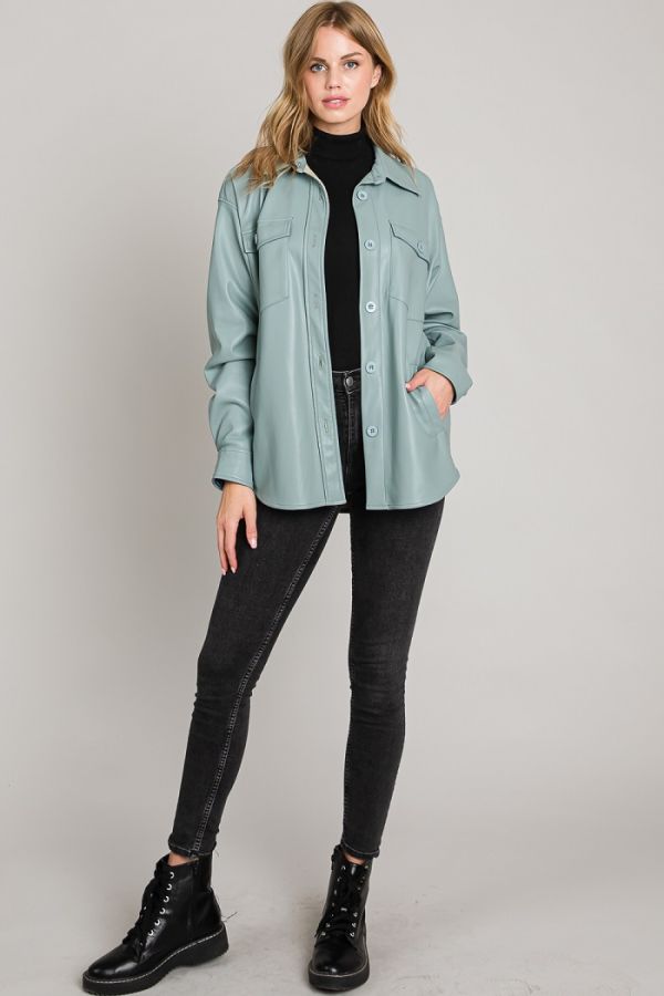 Soft Pleather Shacket In Sage