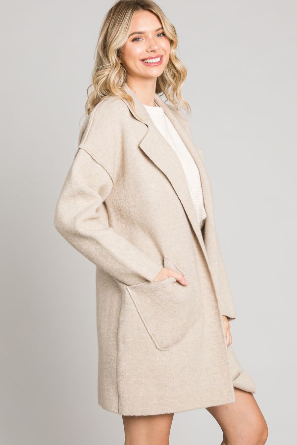 Collared Cardigan with Large Front Pockets in Sand