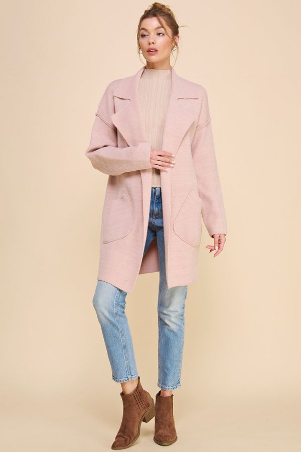 Collared Cardigan with Large Front Pockets in Soft Pink