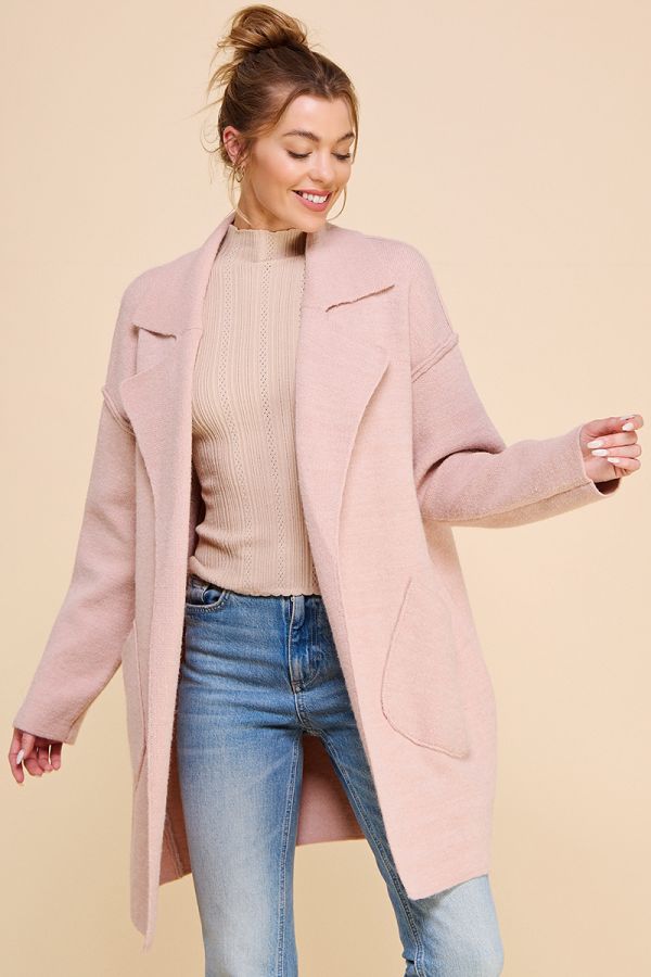 Collared Cardigan with Large Front Pockets in Soft Pink