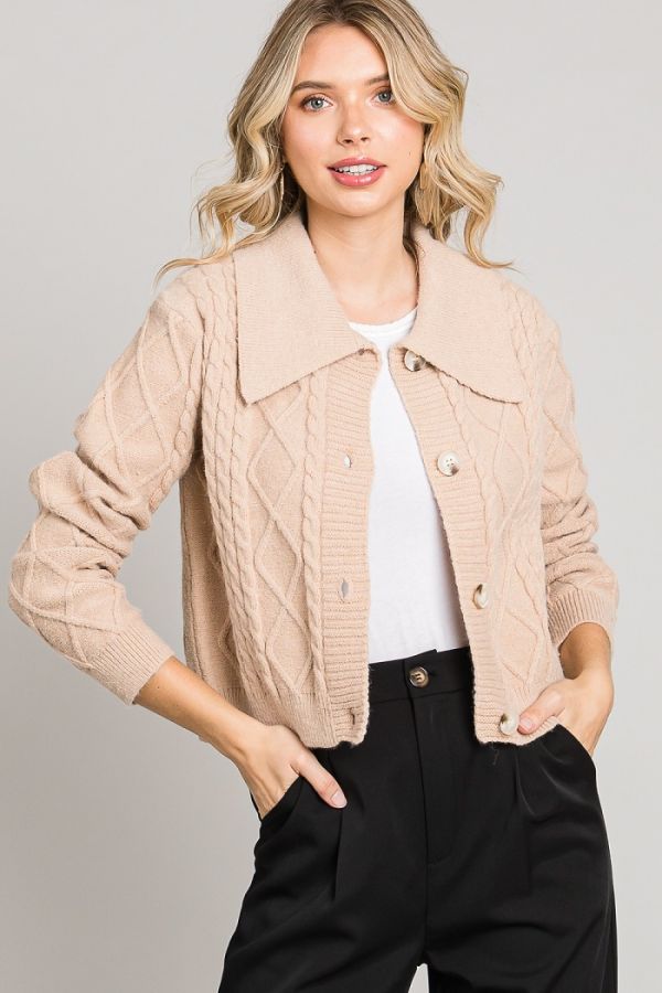 Cable Knit Crop Cardigan in Sand