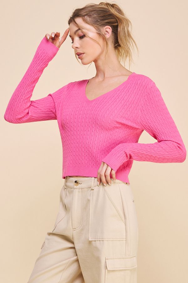 Cable Knit Fine Gauge V-Neck Pullover in Hot Pink