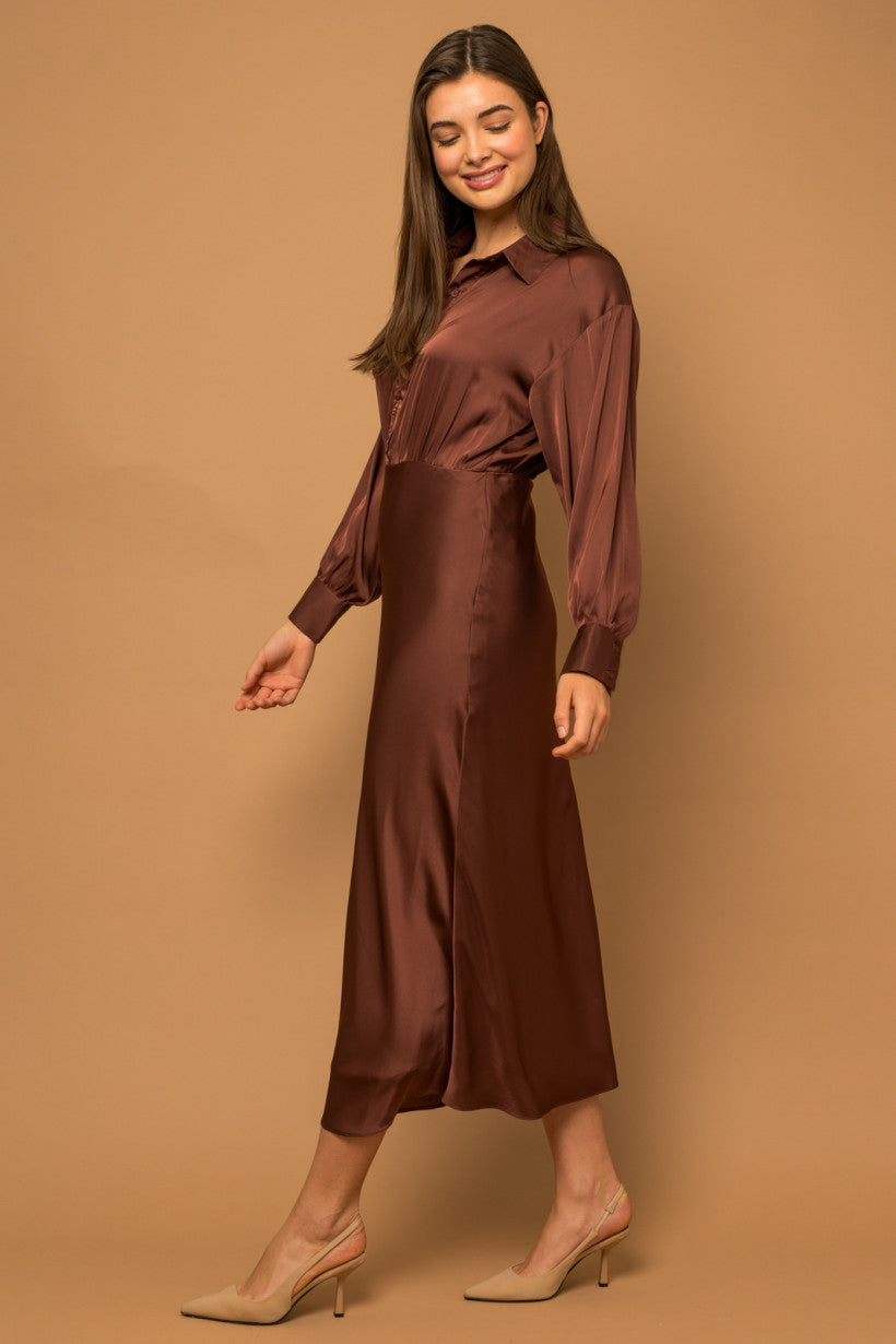 Shirt Top Satin Midi Dress in Brown
