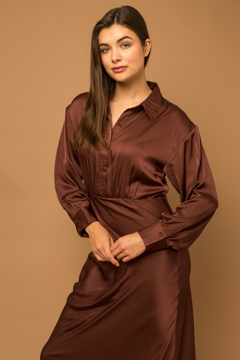 Shirt Top Satin Midi Dress in Brown