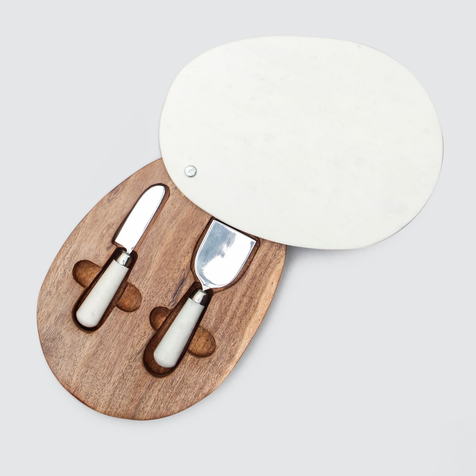Marble & Wood Cheese Board w/ Knife Set