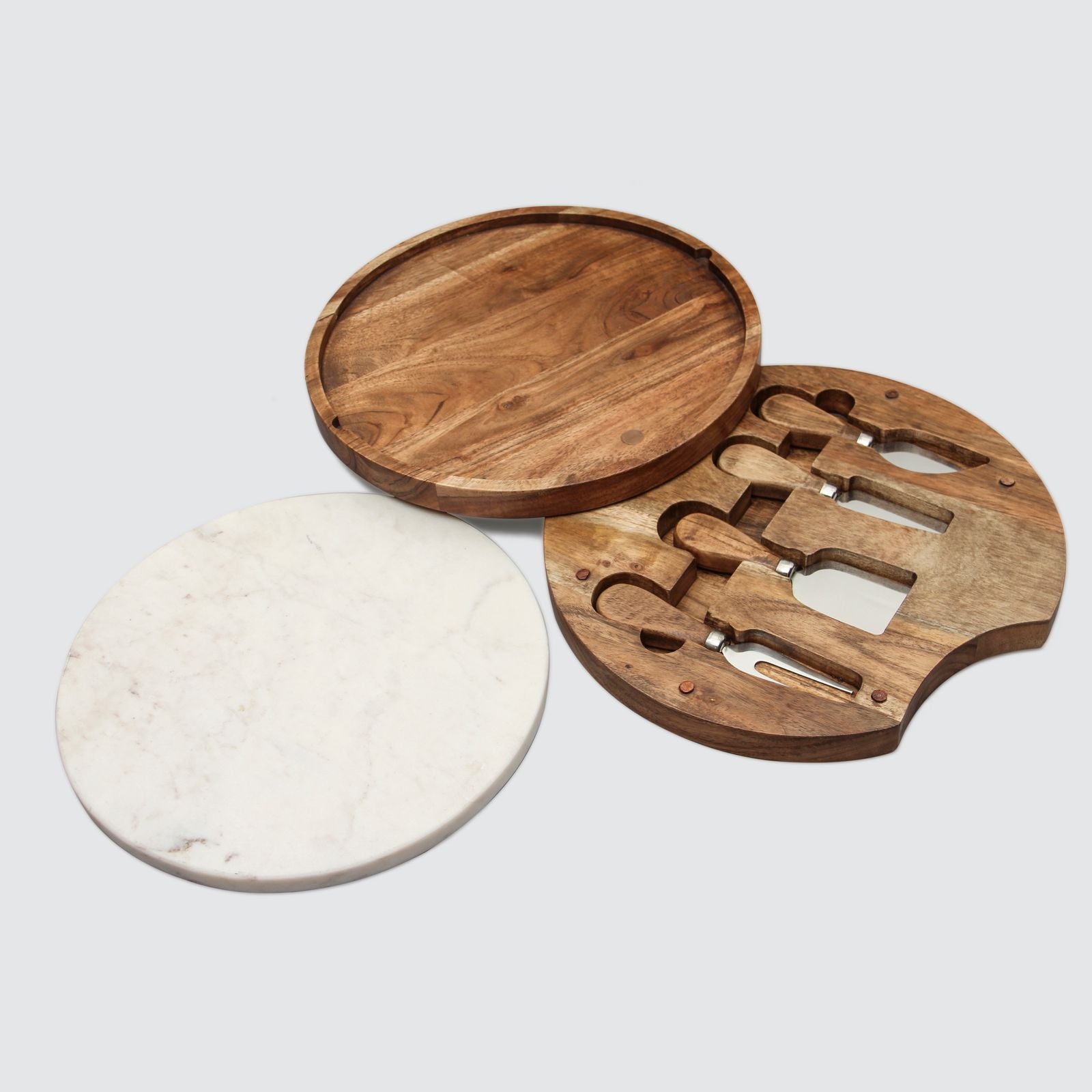 Round Marble & Wood Cheese Knife Storage Set